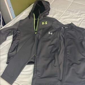 Under Armour Gray Hooded Pullover & Gray Zip Jacket with Neon Accent